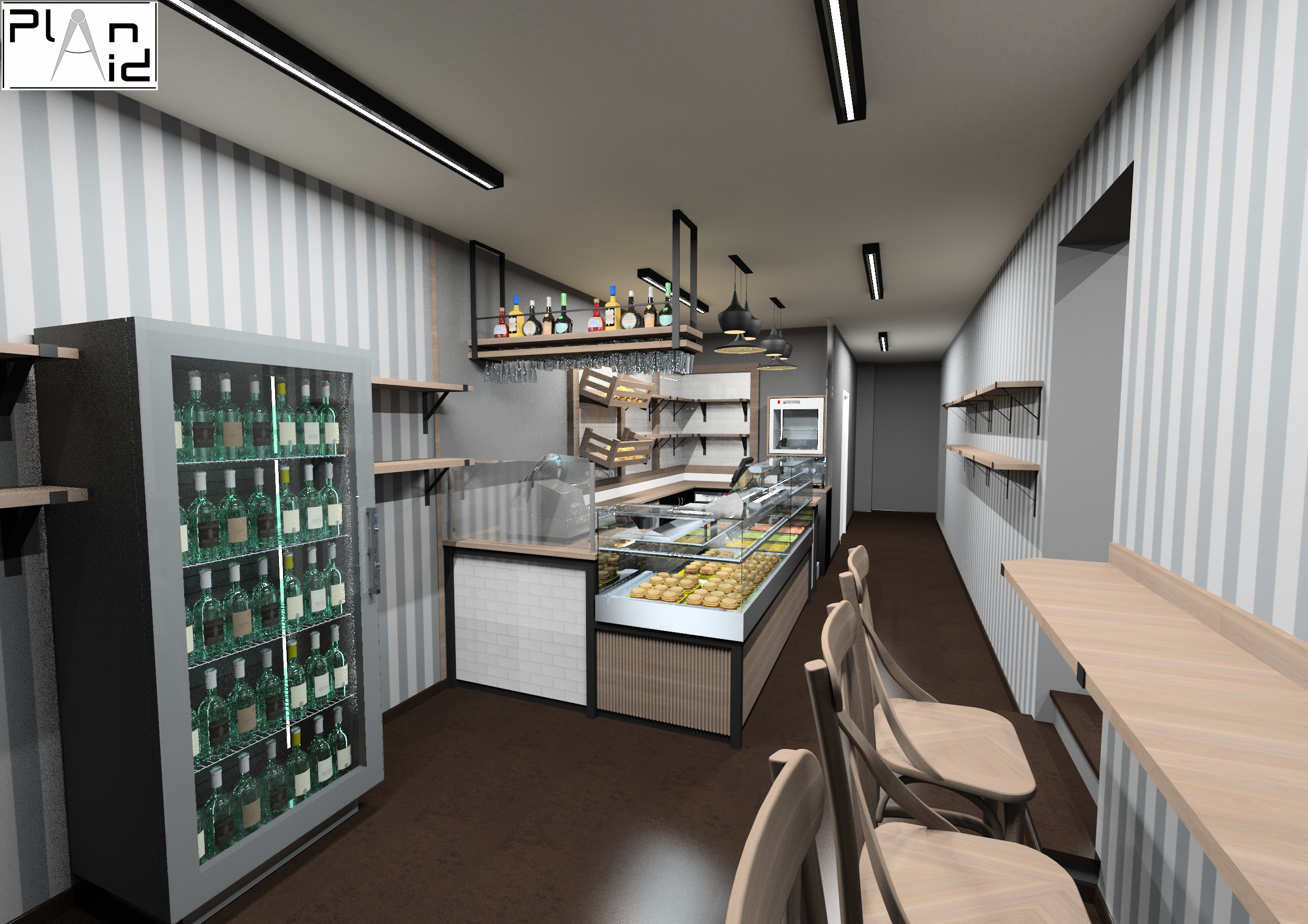 Progetto su misura: ottimizzazione di piccoli spazi con arredi professionali e soluzioni espositive che integrano bottega, gastronomia e cucina.